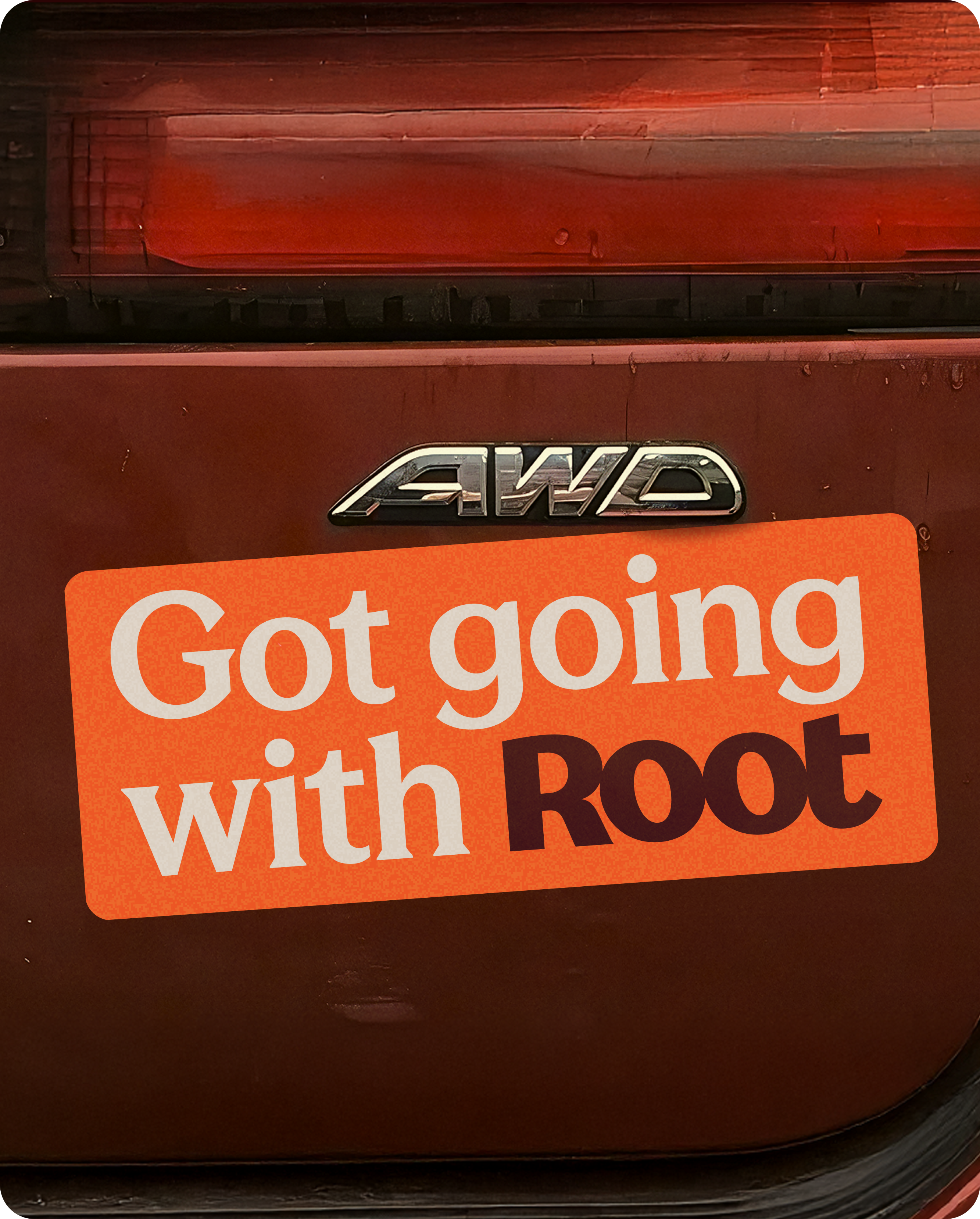 Got going with Root bumper sticker on the back of a red car