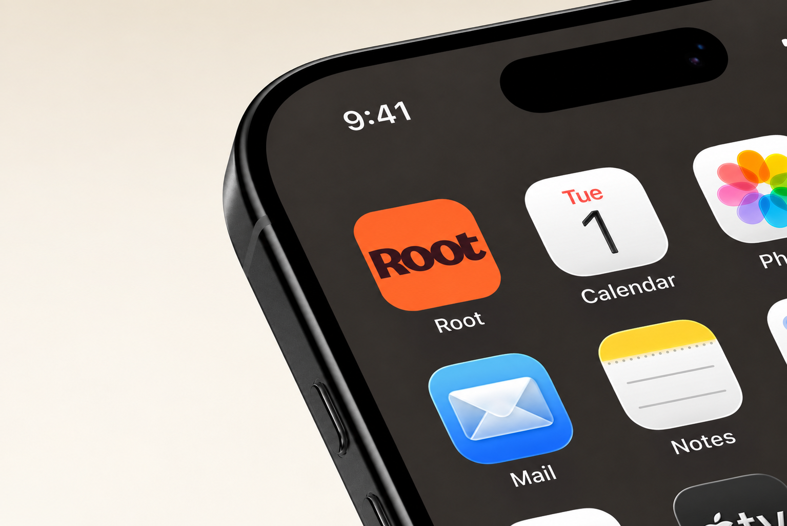 Close-up of the Root app icon on an angled iPhone against a warm Lychee Light 1 gradient