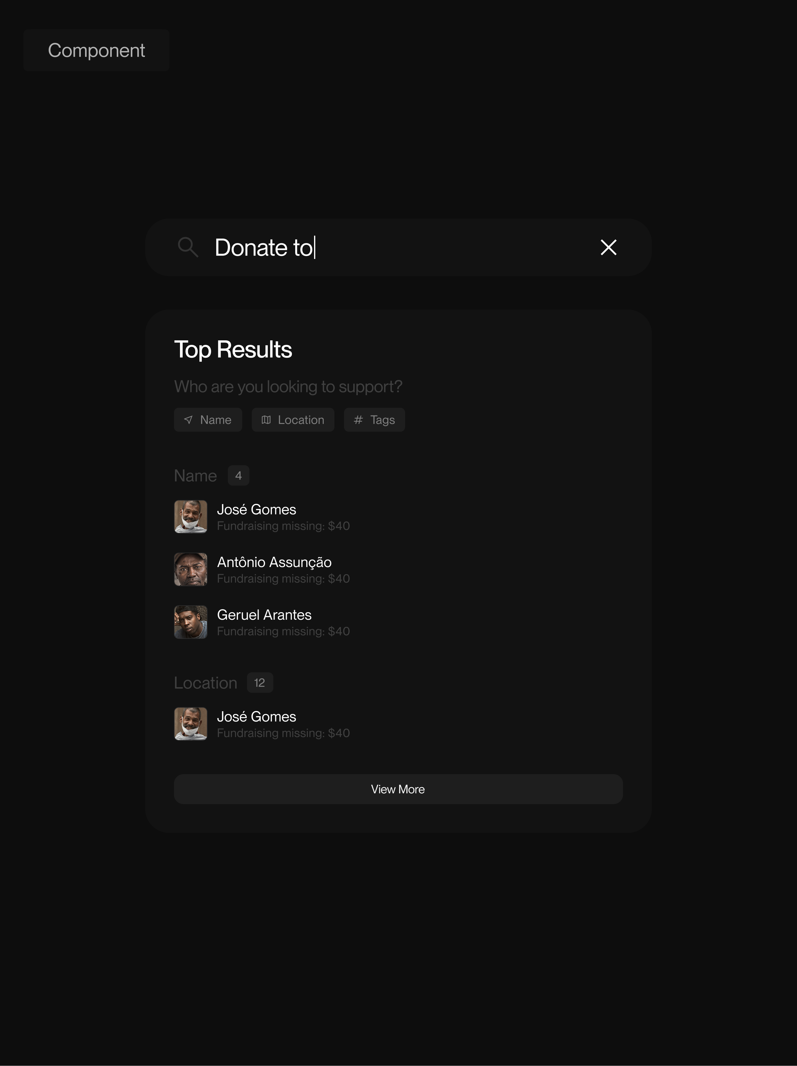 SP Invisível donation search component with name, location, and tag filters