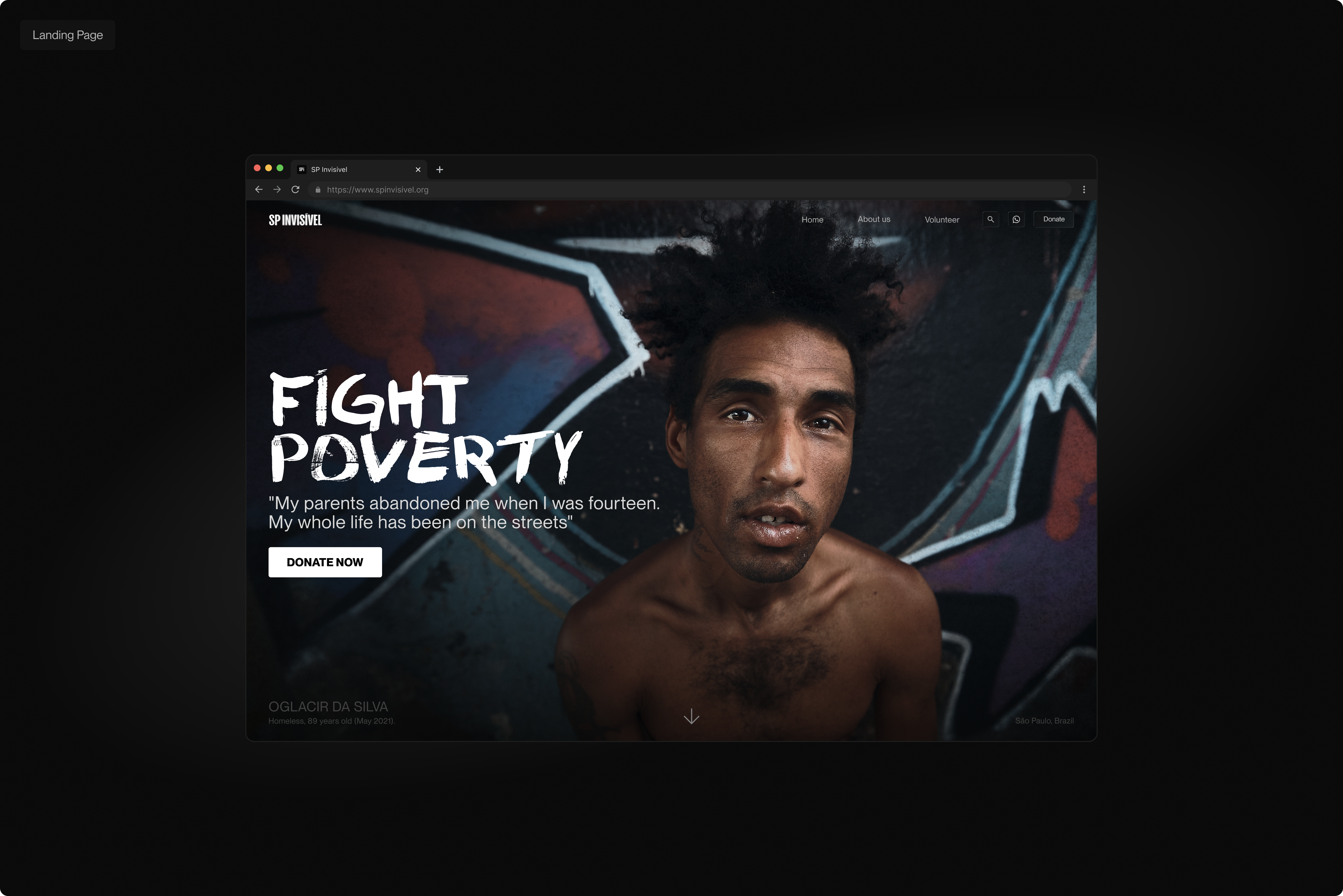 SP Invisível landing page with a portrait, Fight Poverty headline, and Donate Now button