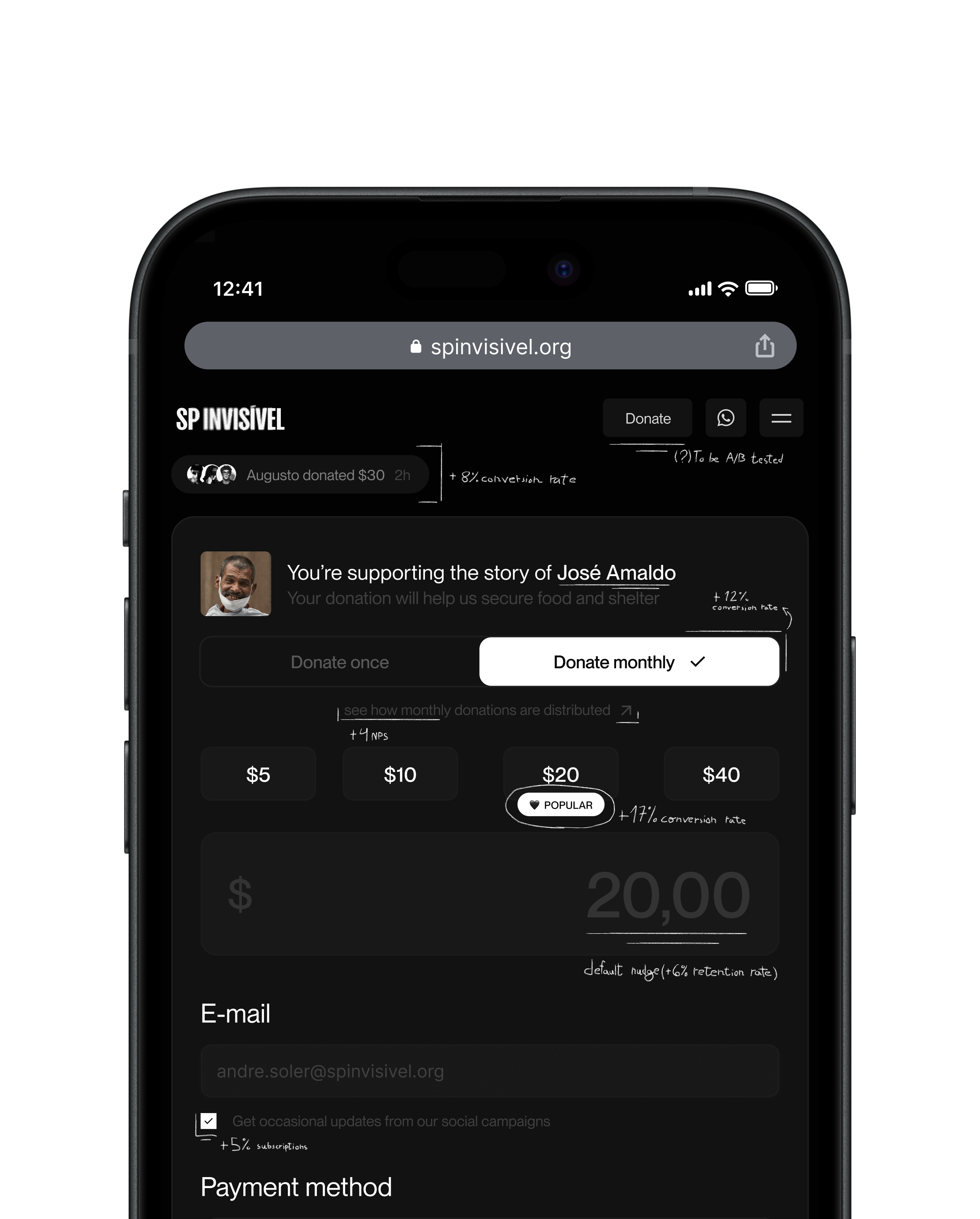 SP Invisível mobile donation form with handwritten experiment annotations