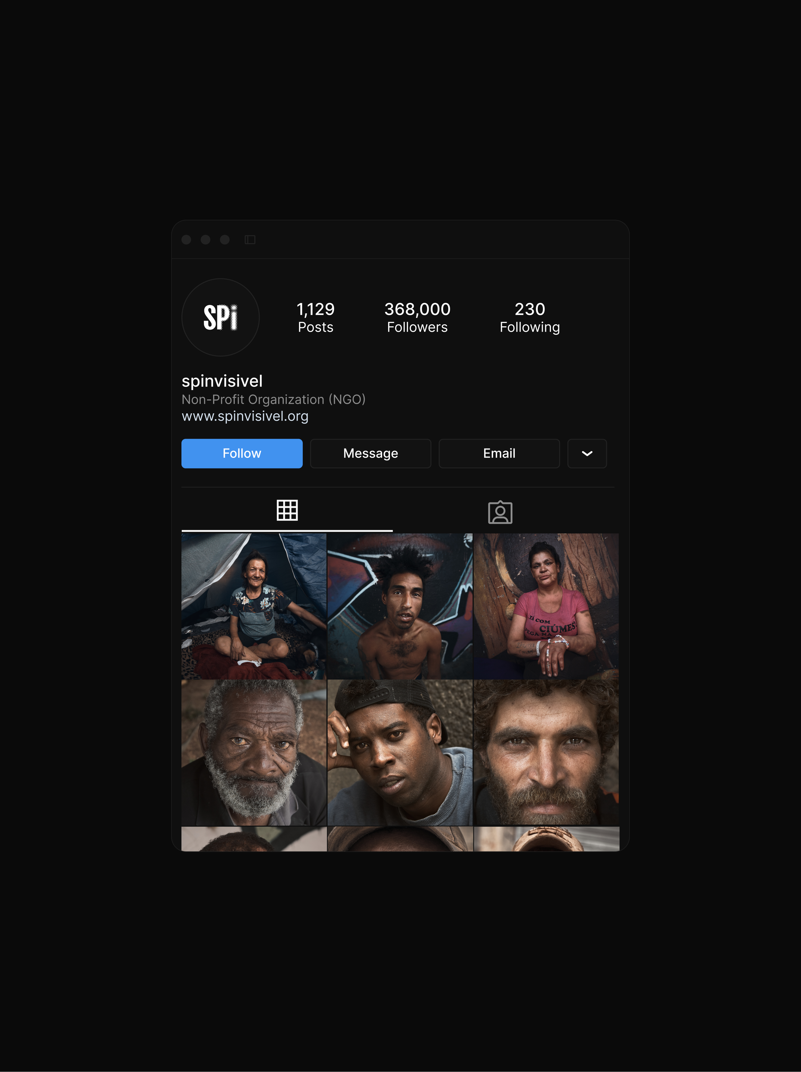 SP Invisível Instagram profile mockup with a grid of photographic stories