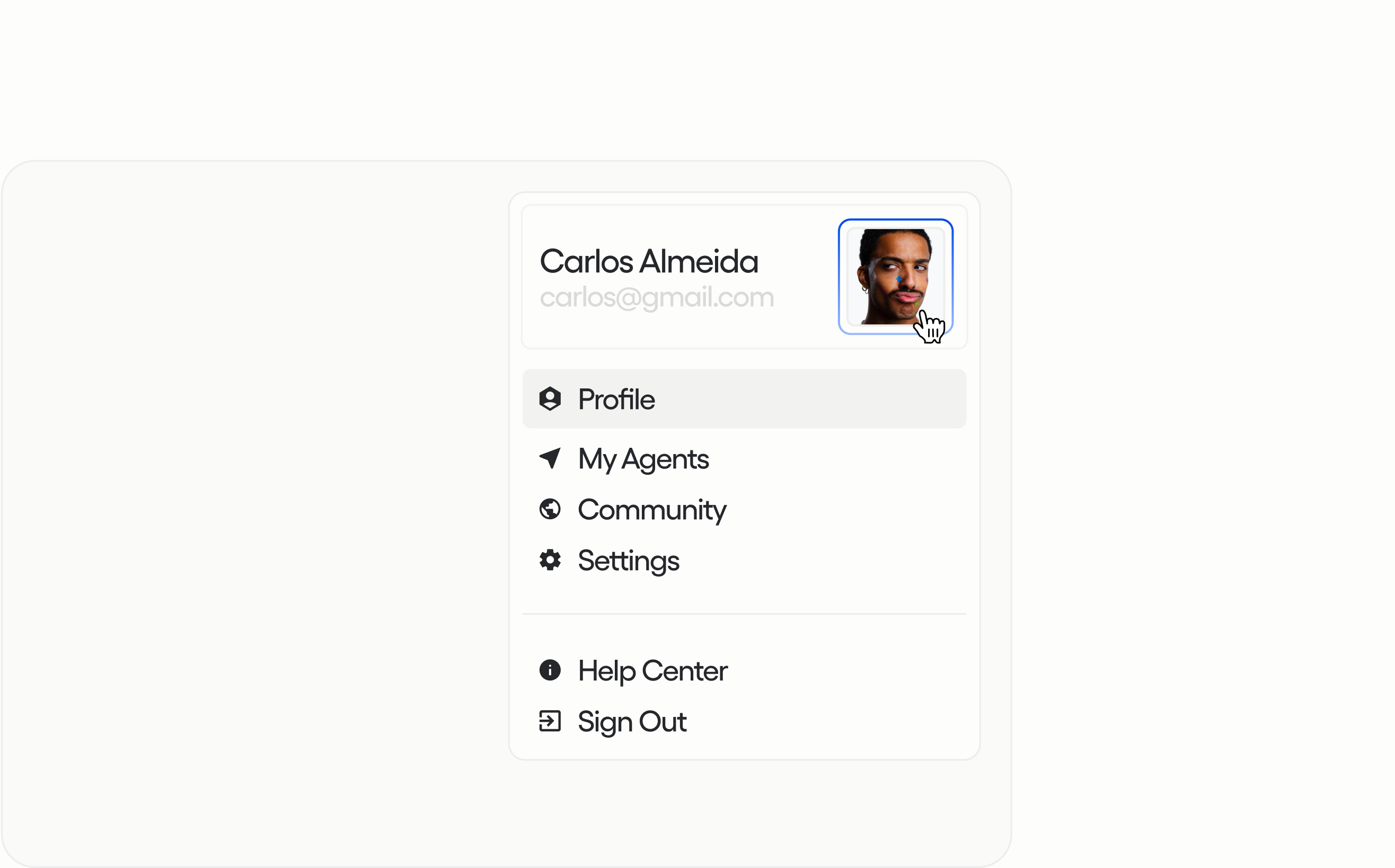 UNESCO profile menu for Carlos Almeida with Profile, My Agents, Community, Settings, Help Center, and Sign Out