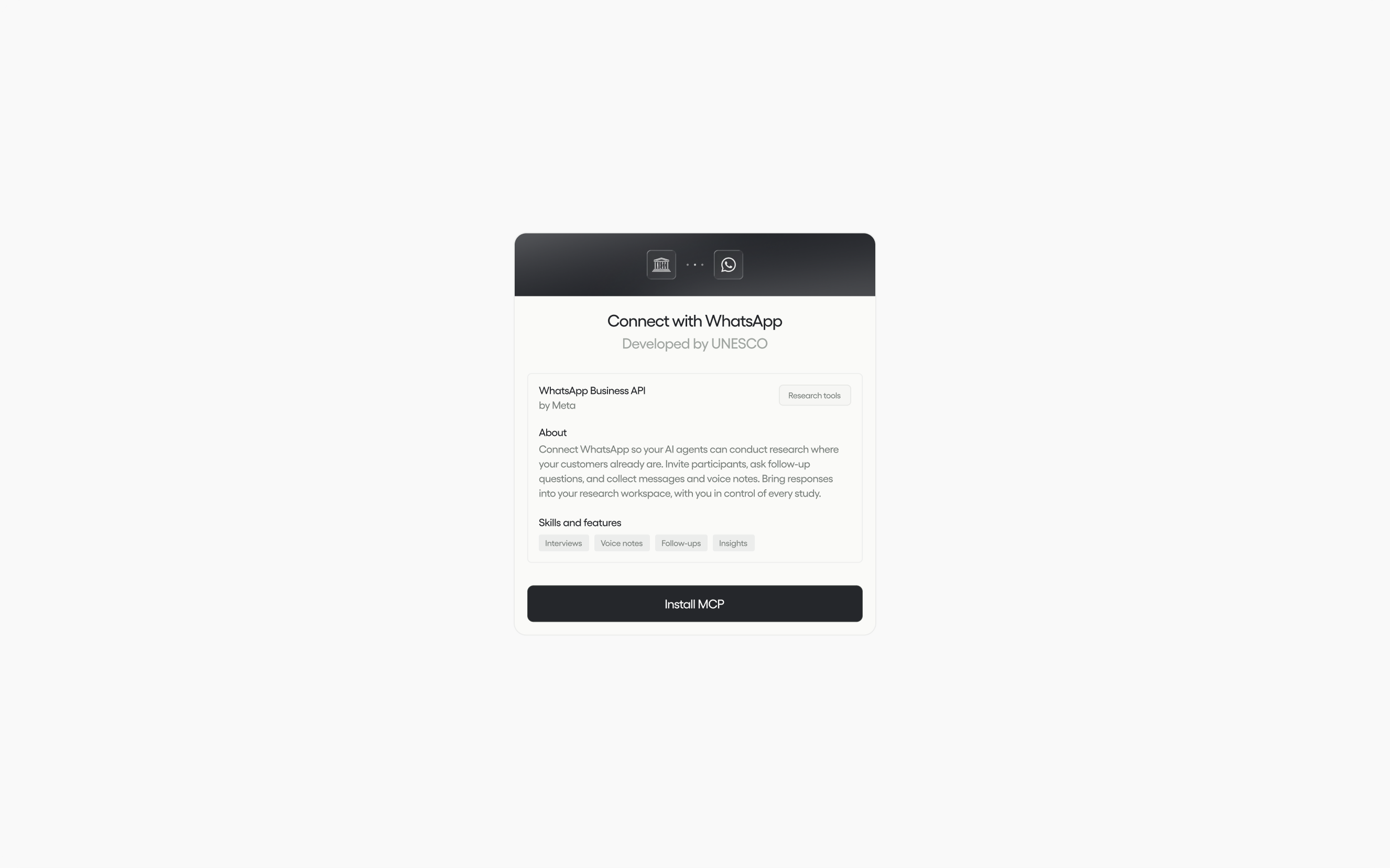 UNESCO WhatsApp Business API installation concept for AI research agents, with interviews, voice notes, follow-ups, and insights