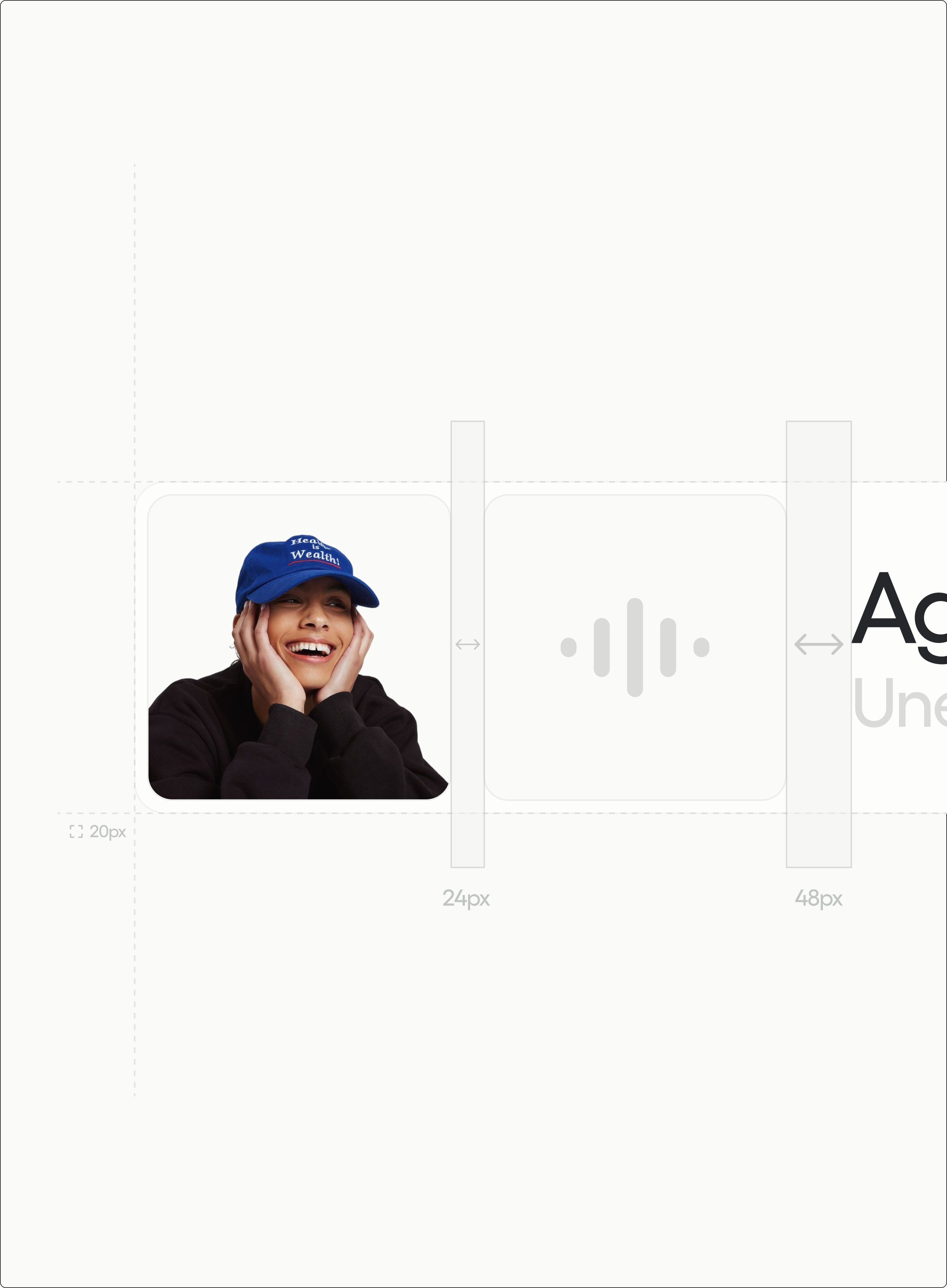 UNESCO-sost agent component showing a portrait, voice icon, and layout spacing measurements