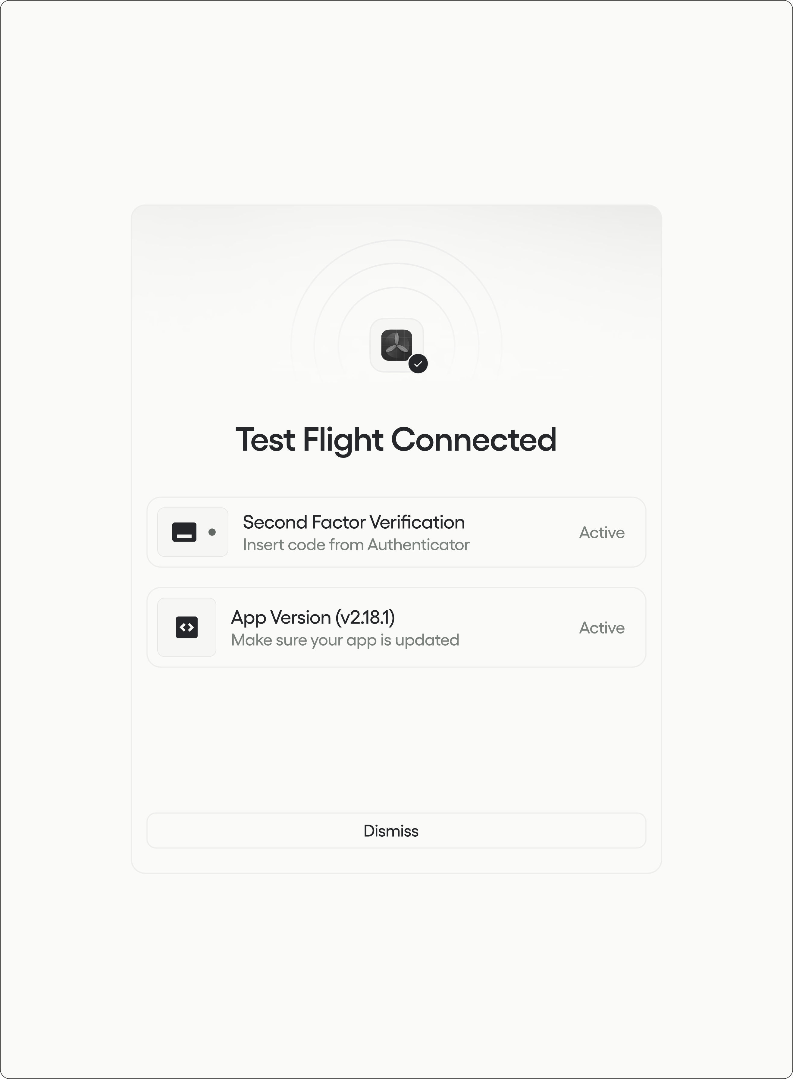 Test Flight Connected card with verification and app version status