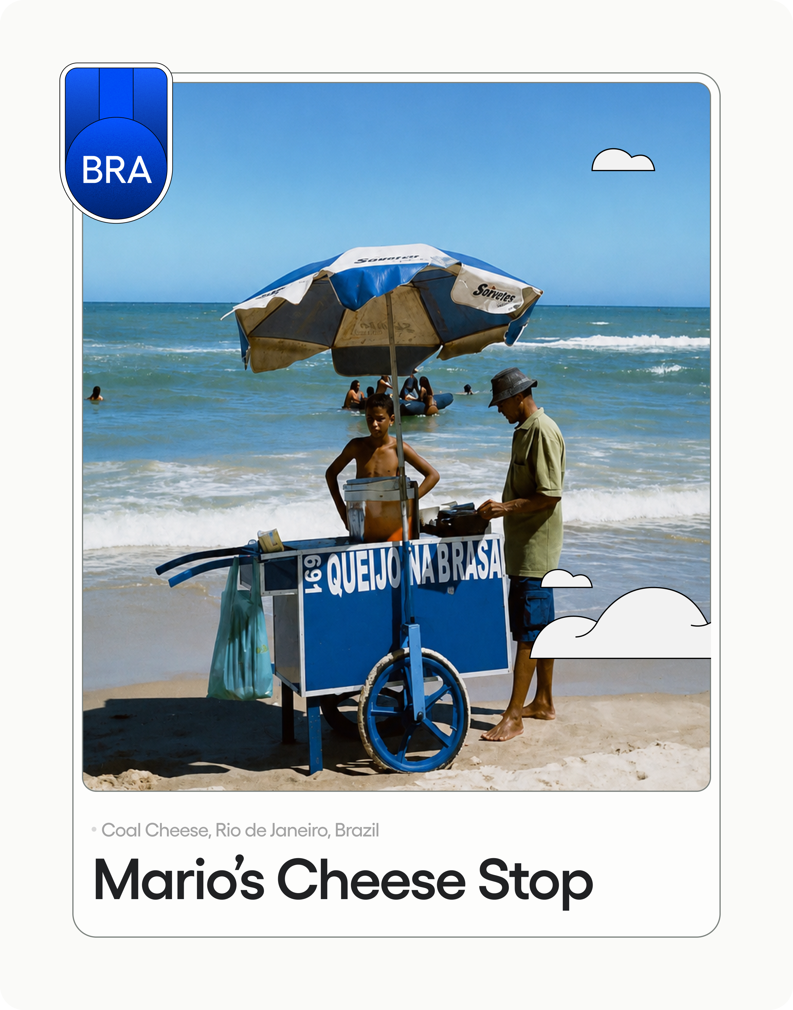 Mario’s Cheese Stop project card showing a cheese vendor on a beach in Rio de Janeiro, Brazil